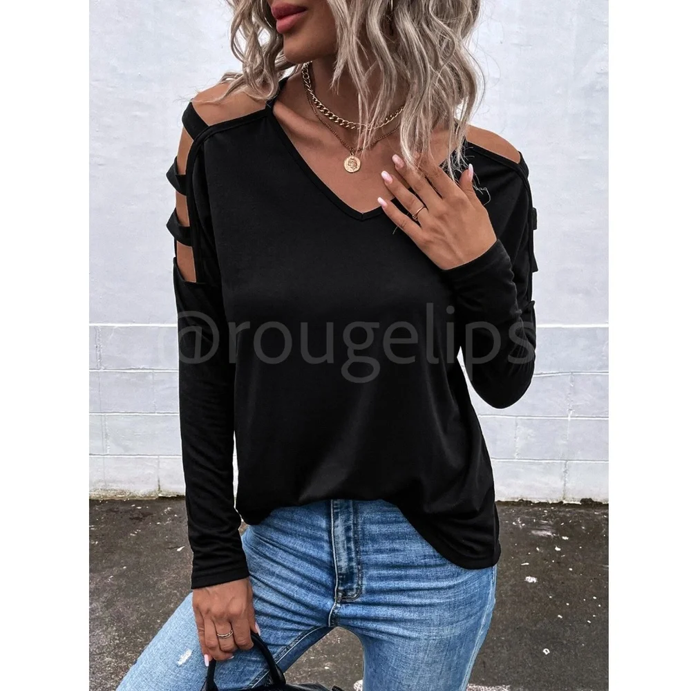 Strappy Cold Shoulder Black Long Sleeve Tee Shirt V-Neck - Picture 5 of 8